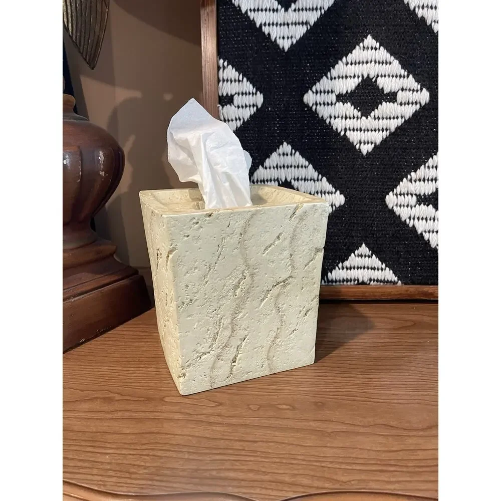 Ceramic Stone Tissue Box Holder | Crackled Texture Cream Tissue Cover